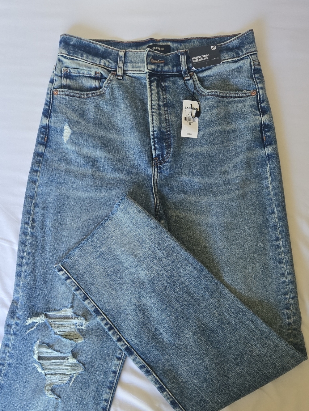 Express Modern Straight Super High-Rise Distressed Jeans - Medium Blue